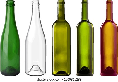 Vector blank and empty wine bottles of various shapes and colors