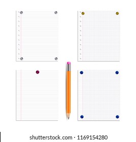 Vector Blank Exercise Book Pages Pinned Set with Pencil Isolated on White Backrgound.