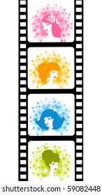 Vector Blank film colorful strip with portraits of beautiful young girls with butterflies