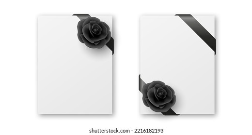 Vector Blank Funeral Card, Banner Template, Background with Black Silk Ribbon Corner, Black Rose. Design Template for Card Invitation with Black Silk Ribbon