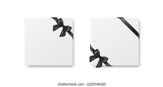 Vector Blank Funeral Square Card, Banner Template, Background with Black Silk Ribbon Bow, Corner. Design Template for Card Invitation with Black Silk Ribbon