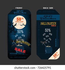 Vector blank of gift voucher to Halloween sale on the gradient blue background with magic cauldron.