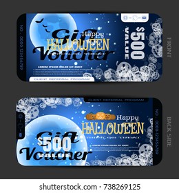 Vector blank of gift voucher to Halloween with groups of full blue moon, flock of bats, transparent pumpkins, text, sparkles on the gradient dark brown background.