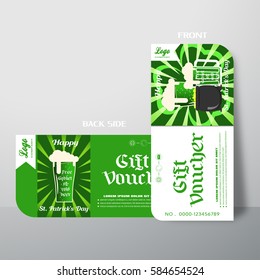 Vector blank of gift voucher for Happy St. Patrick's Day with green rays, goblets of lager beer and cauldron with coins which is leaning against the wall.