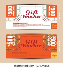 Vector blank of gift voucher on the white and orange background with pattern.