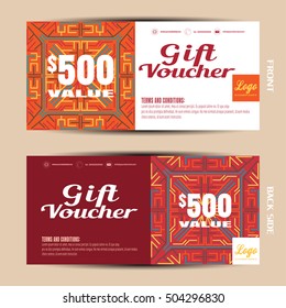 Vector blank of gift voucher on the white and dark red background with pattern.