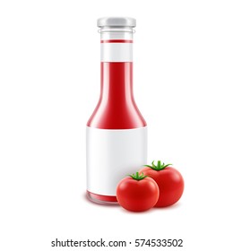 Vector Blank Glass Glossy Red Tomato Ketchup Bottle for Branding with label and Fresh Tomatoes Isolated on White Background