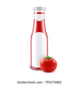 Vector Blank Glass Glossy Red Tomato Ketchup Bottle for Branding with label and Fresh Tomato Isolated on White Background