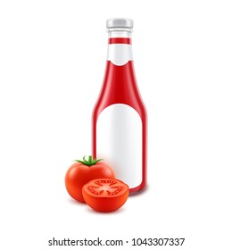 Vector Blank Glass Red Tomato Ketchup Bottle for Branding with label and Fresh Tomatoes Isolated on White Background