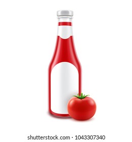 Vector Blank Glass Red Tomato Ketchup Bottle for Branding with label and Fresh Tomato Isolated on White Background