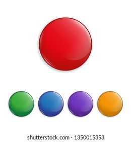 Botones o botones web brillantes en blanco vectorial. Cinco pines de plástico, emblemas, etiquetas voluntarias. 