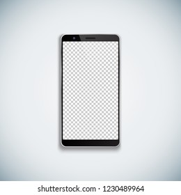 vector blank glossy screen transparent wallpaper black modern smartphone with webcam, silver metal frame realistic front view mock up illustration with shadow template design isolated light backgrond