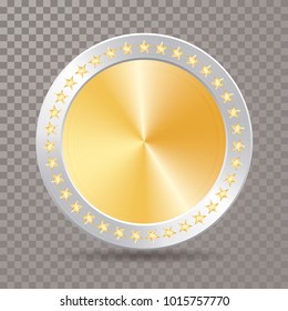 vector blank gold medal with silver frame and stars, champions medallion or money coin