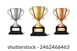 Vector Blank Golden, Silver and Bronze Champion Cup Isolated on White Background. Design Template of Championship Trophy. Sport Tournament Award, Winner Cup and Victory Concept