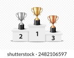 Vector Blank Golden, Silver and Bronze Champion Cup on Winner Podium Isolated on White Background. Design Template of Championship Trophy. Sport Tournament Award, Winner Cup and Victory Concept