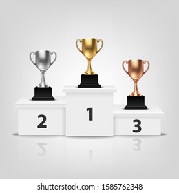 Vector Blank Golden, Silver and Bronze Champion Cup on Winner Podium Isolated on White Background. Design Template of Championship Trophy. Sport Tournament Award, Winner Cup and Victory Concept