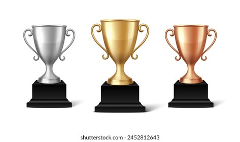 Vector Blank Golden, Silver and Bronze Champion Cup Isolated on White Background. Design Template of Championship Trophy. Sport Tournament Award, Winner Cup and Victory Concept