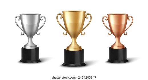 Vector Blank Golden, Silver and Bronze Champion Cup Isolated on White Background. Design Template of Championship Trophy. Sport Tournament Award, Winner Cup and Victory Concept