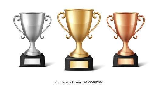 Vector Blank Golden, Silver and Bronze Champion Cup Isolated on White Background. Design Template of Championship Trophy. Sport Tournament Award, Winner Cup and Victory Concept