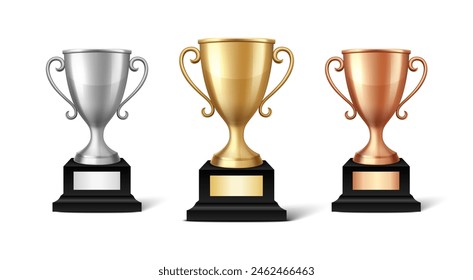 Vector Blank Golden, Silver and Bronze Champion Cup Isolated on White Background. Design Template of Championship Trophy. Sport Tournament Award, Winner Cup and Victory Concept