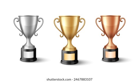 Vector Blank Golden, Silver and Bronze Champion Cup Isolated on White Background. Design Template of Championship Trophy. Sport Tournament Award, Winner Cup and Victory Concept