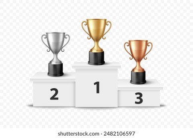 Vector Blank Golden, Silver and Bronze Champion Cup on Winner Podium Isolated on White Background. Design Template of Championship Trophy. Sport Tournament Award, Winner Cup and Victory Concept