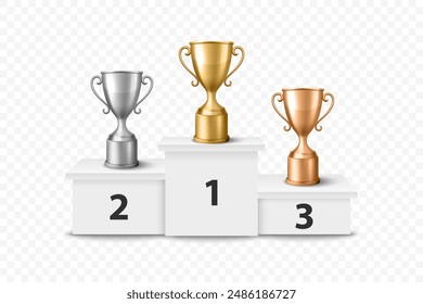 Vector Blank Golden, Silver and Bronze Champion Cup on Winner Podium Isolated on White Background. Design Template of Championship Trophy. Sport Tournament Award, Winner Cup and Victory Concept