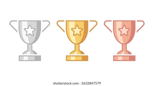 Vector Blank Golden, Silver and Bronze Champion Cup Isolated on White Background. Design Template of Championship Trophy