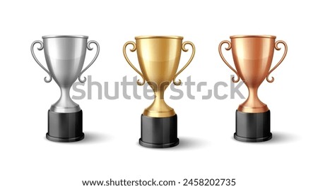 Vector Blank Golden, Silver and Bronze Champion Cup Isolated on White Background. Design Template of Championship Trophy. Sport Tournament Award, Winner Cup and Victory Concept