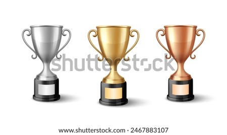 Vector Blank Golden, Silver and Bronze Champion Cup Isolated on White Background. Design Template of Championship Trophy. Sport Tournament Award, Winner Cup and Victory Concept