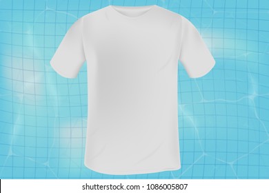 vector blank gray melange men's t-shirt template on blue water surface background in swimming pool with ceramic tile texture. mocap for clothing design