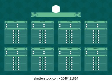 Plantilla gráfica verde vectorial en blanco para la fase de grupo del torneo de fútbol con resultados de partidos en el fondo oscuro de la pelota de fútbol. Ilustración de fútbol.