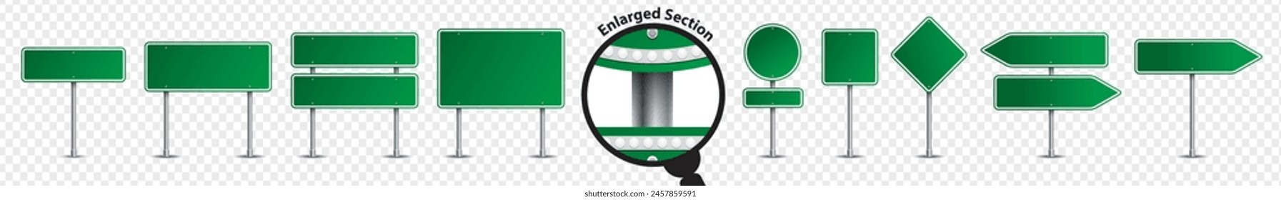 Vector en blanco verde de la señal de carretera conjunto de nueve aislados en un fondo vacío.