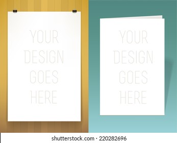 Vector blank hanging poster and stationery card mockup templates on simple colored background