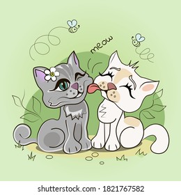 Vector blanco de gatitos enamorados; un par de gatos enamorados en la naturaleza, amar a los animales, felices juntos, plantilla para la creatividad, imprimir.