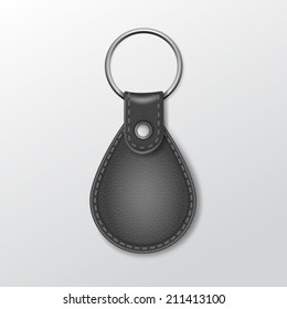 Vector Blank Leather Round Keychain with Ring for Key Isolated on White Background