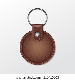 Vector Blank Leather Round Keychain with Ring for Key Isolated on White Background