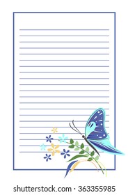 Vector blank for letter or greeting card. Blue form with frame, lines, butterfly and flowers. A4 format.