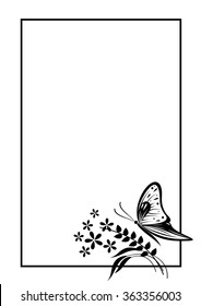 Vector blank for letter or greeting card. Black and white form with frame, butterfly and flowers. A4 format.