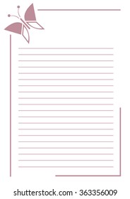 Vector blank for letter or greeting card. Pink simple form with frame, lines and butterfly. A4 format.