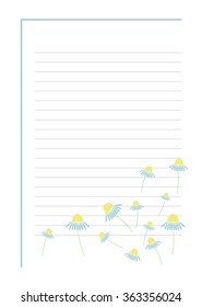 Vector blank for letter or greeting card. Blue form with frame, lines and flowers. A4 format.