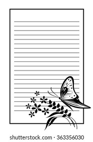 Vector blank for letter or greeting card. Black and white form with frame, lines, butterfly and flowers. A4 format.
