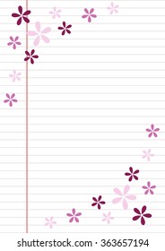 Vector blank for letter or greeting card. Paper of notebook, white form with lines, and colorful flowers. A4 format size.