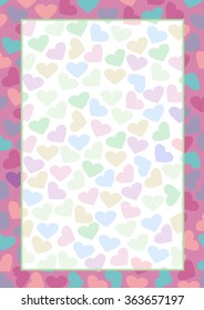 Vector blank for letter or greeting card. Colorful form with hearts and frame. A4 format size.