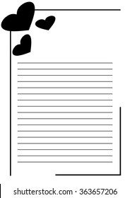 Vector blank for letter or greeting card. White paper form with black hearts, lines and border. A4 format size.