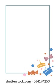 Vector blank for letter or greeting card. White paper form with colorful gifts, sweets, lines and border. A4 format size.