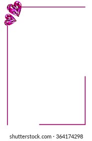 Vector blank for letter or greeting card. White paper form with pink gems in the shape of hearts, and border. A4 format size.