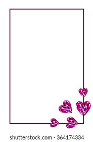 Vector blank for letter or greeting card. White paper form with pink gems in the shape of hearts and border. A4 format size.