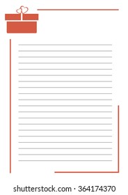 Vector blank for letter or greeting card. White paper form with red gift box, lines and border. A4 format size.