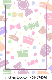 Vector blank for letter or greeting card. White paper form with colorful gifts, sweets, lines and border. A4 format size.